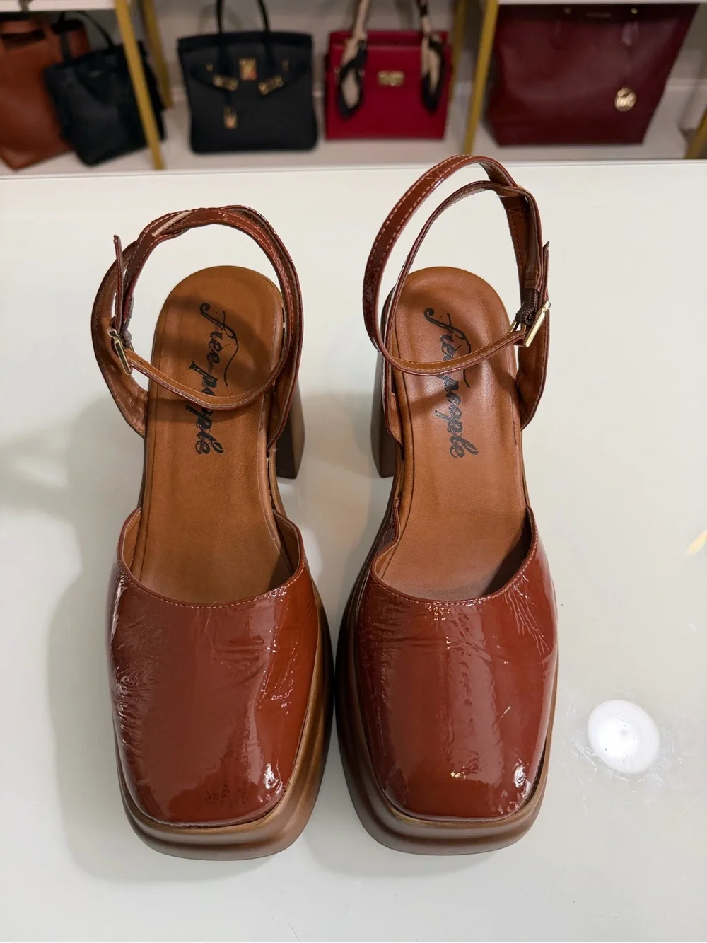 Free People Patent Leather Platform Sandals in Cognac Brown